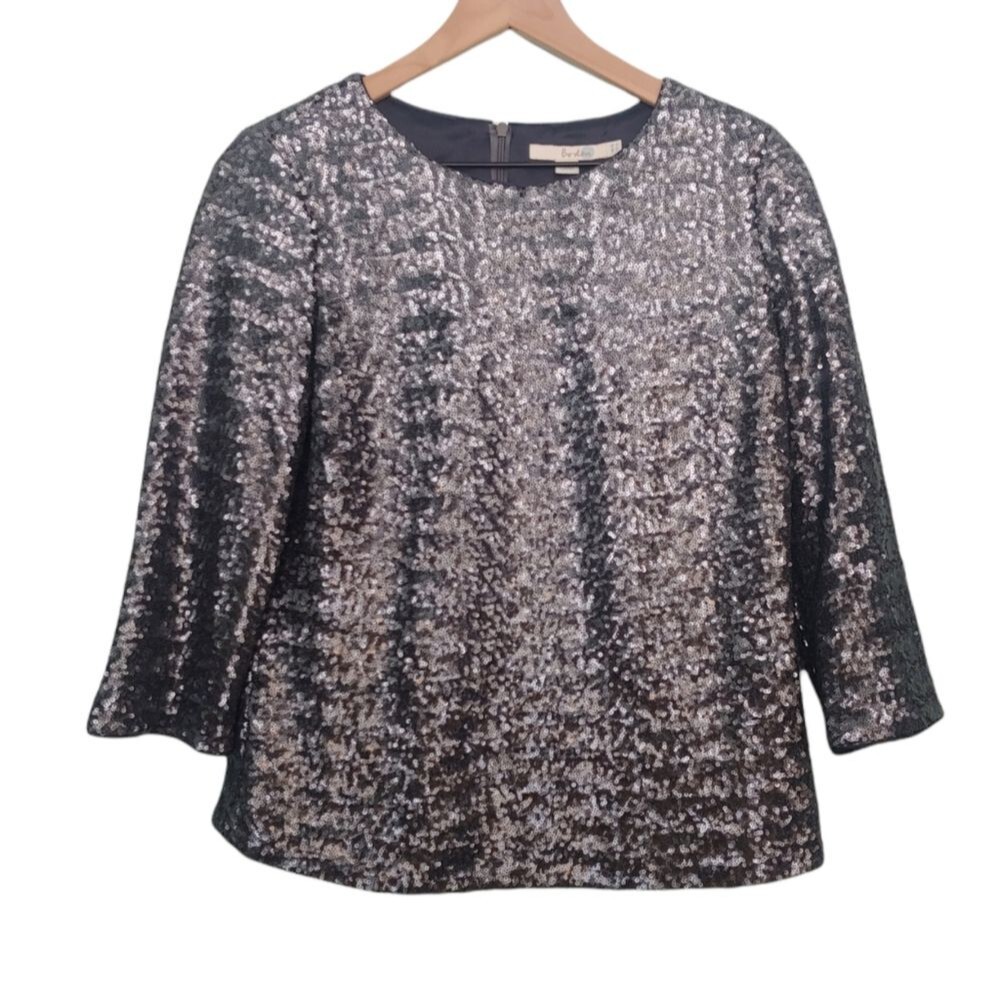 Boden Gray Sequin 3/4 Length Sleeve Blouse Party Festive Size 6